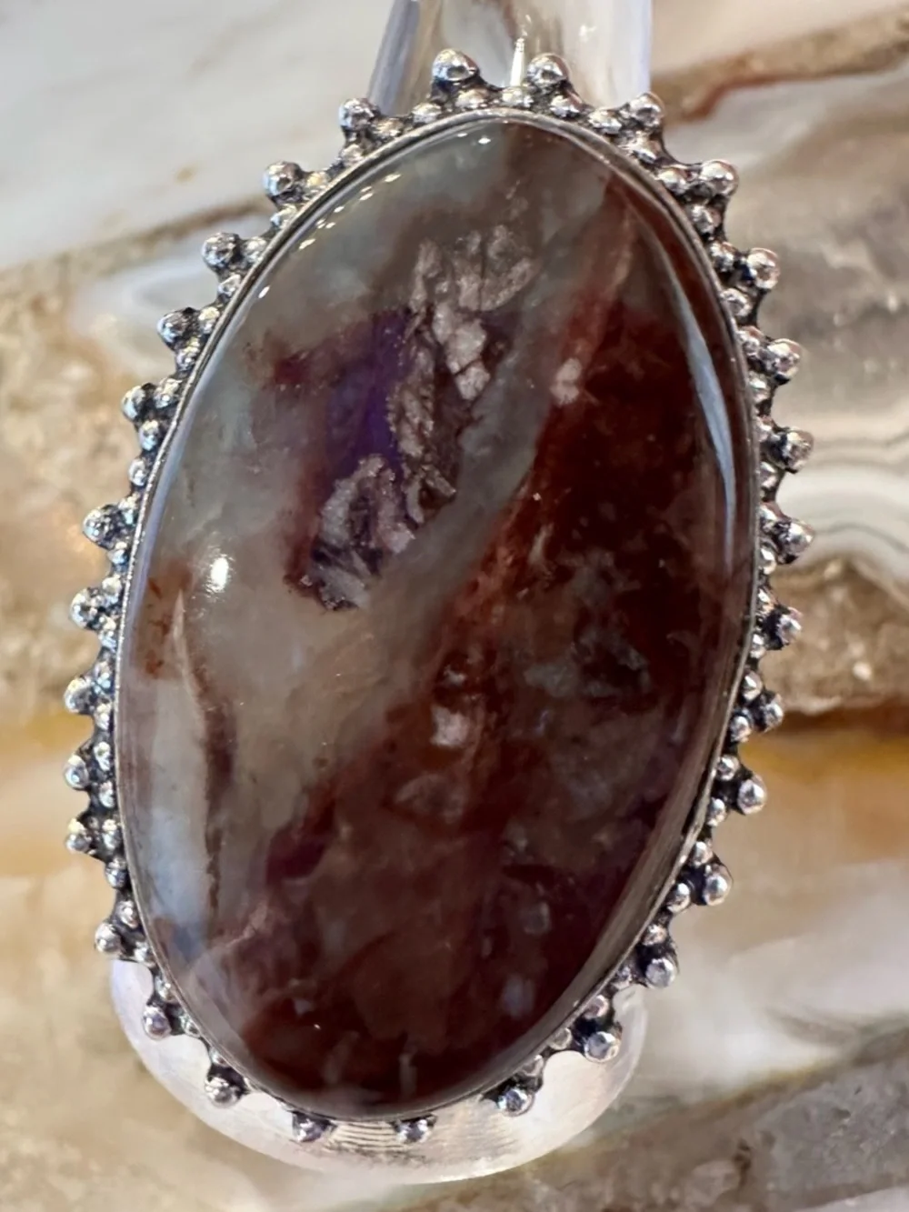 2533 Artisan Silver Ring with Deep Brown Mexican Laguna Lace Stone